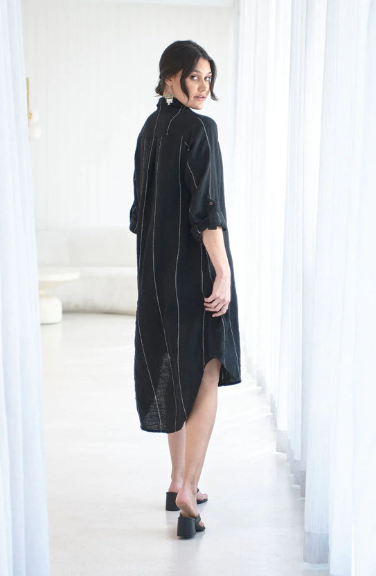 Eadie Carter Linen Shirt Dress - Black with White Stripe