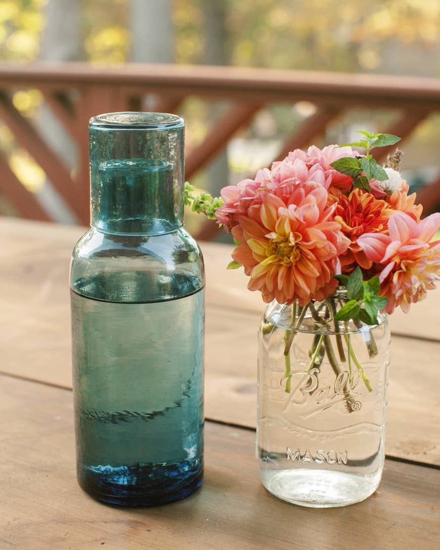 Handblown Hammered Glass Carafe: Blue