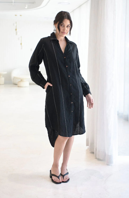 Eadie Carter Linen Shirt Dress - Black with White Stripe