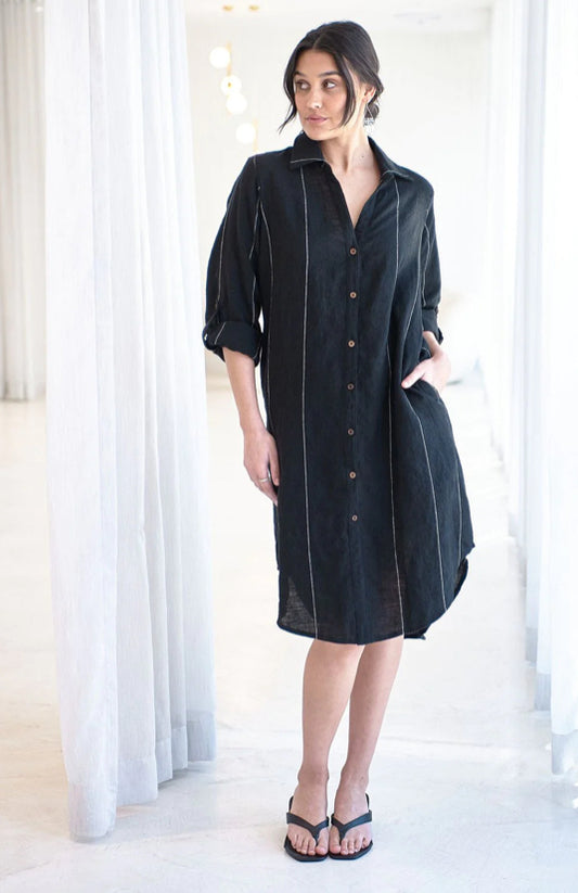 Eadie Carter Linen Shirt Dress - Black with White Stripe