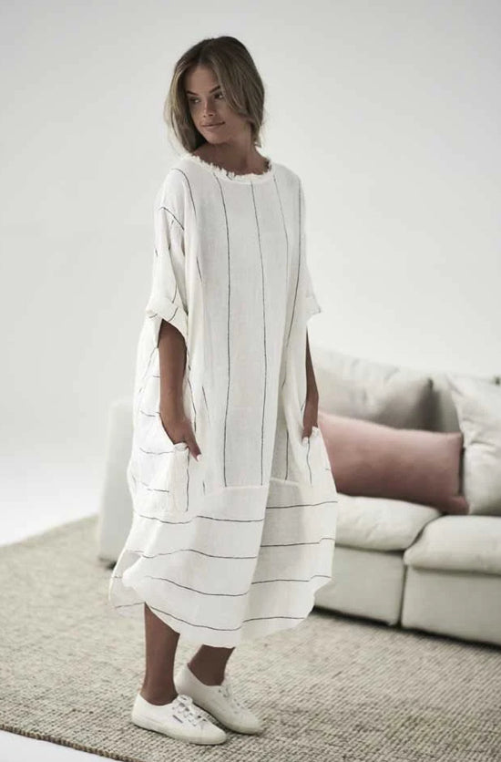 Eadie The Malle Linen Dress - White with Fine Stripe