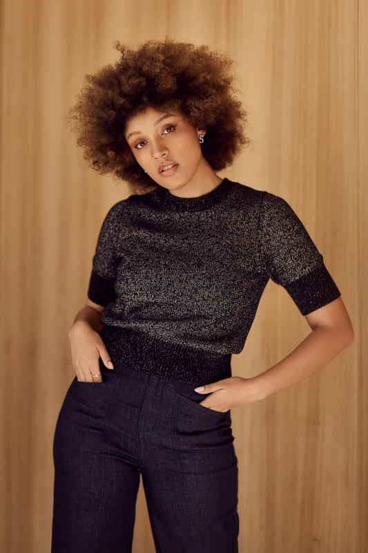 Black with Silver Lurex Elbow Sleeve Knit - Frock Me Out