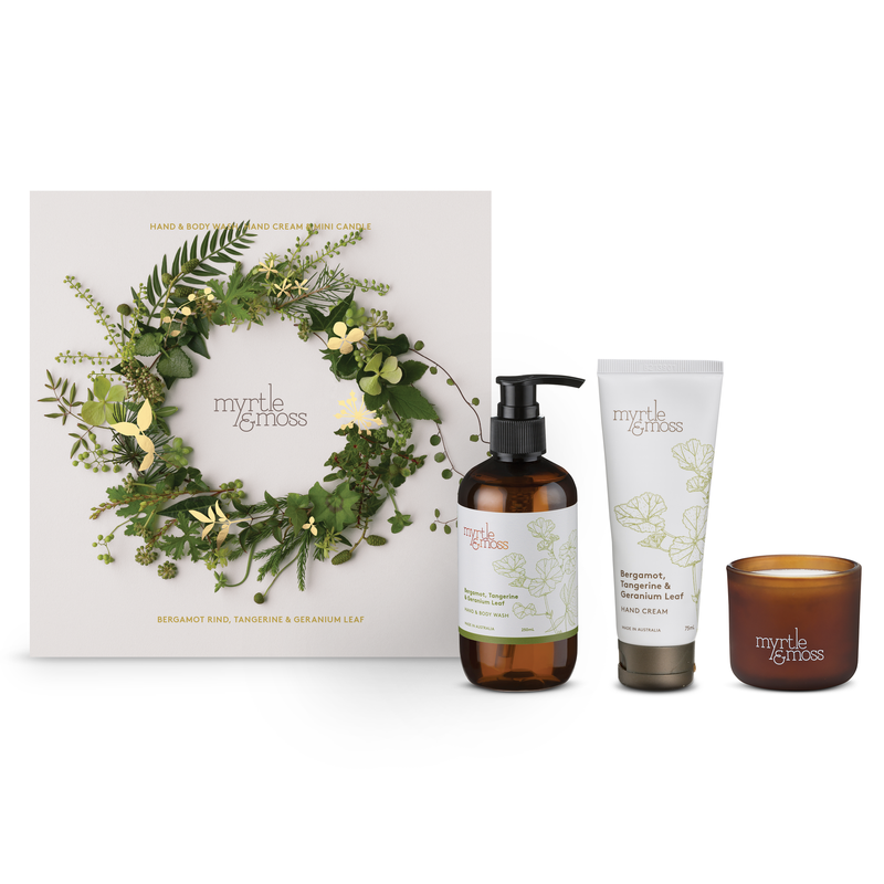 Myrtle & Moss Christmas Trio- Hand & Body Wash, Hand Cream and Mini Candle