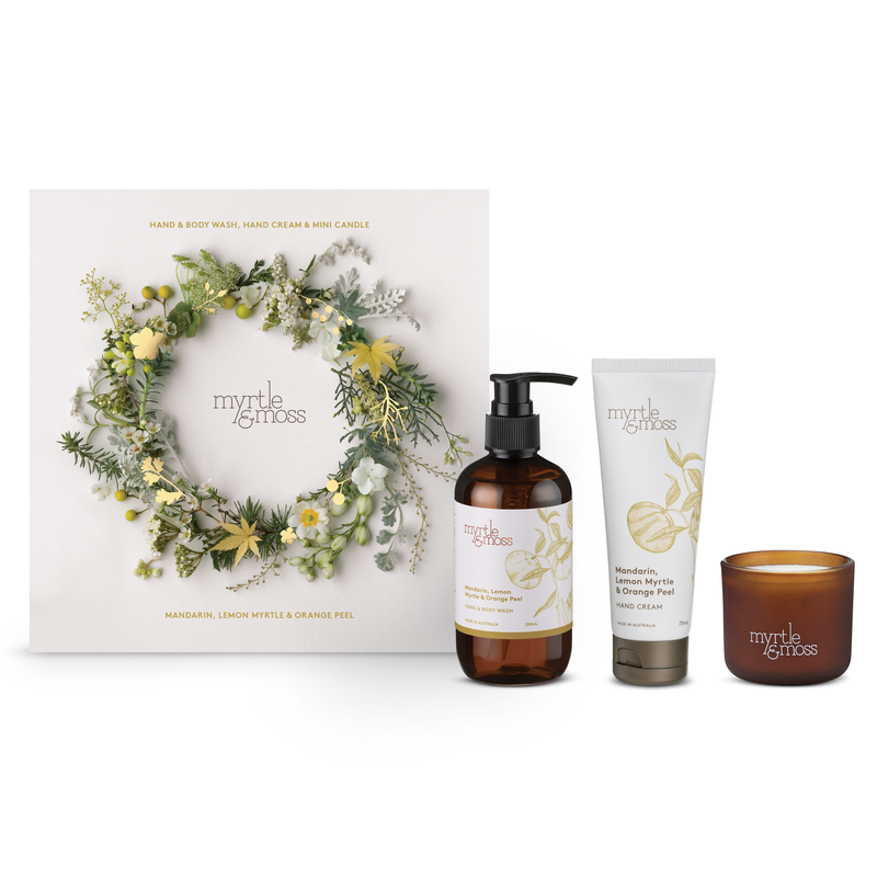 Myrtle & Moss Christmas Trio- Hand & Body Wash, Hand Cream and Mini Candle