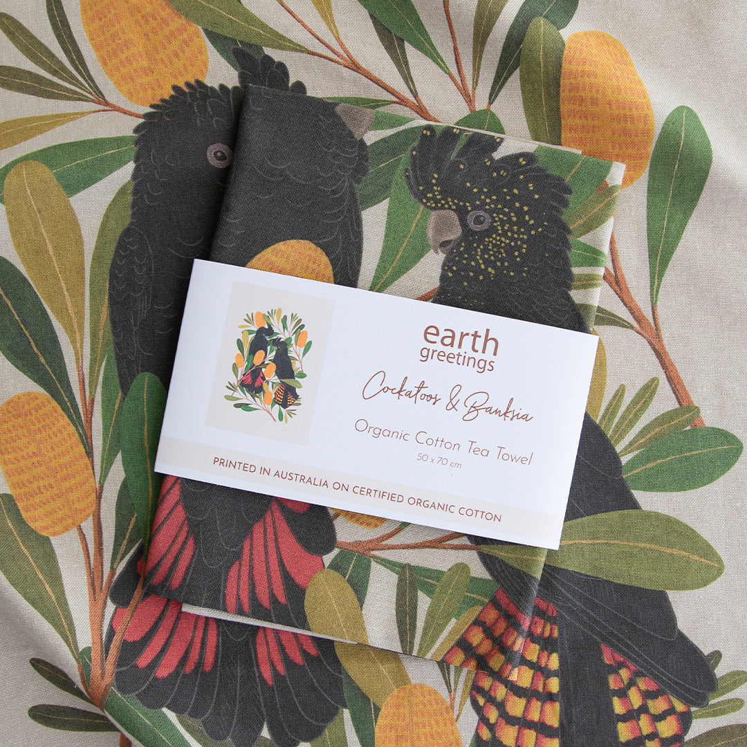 Earth Greetings Cockatoos and Banksia Tea Towel