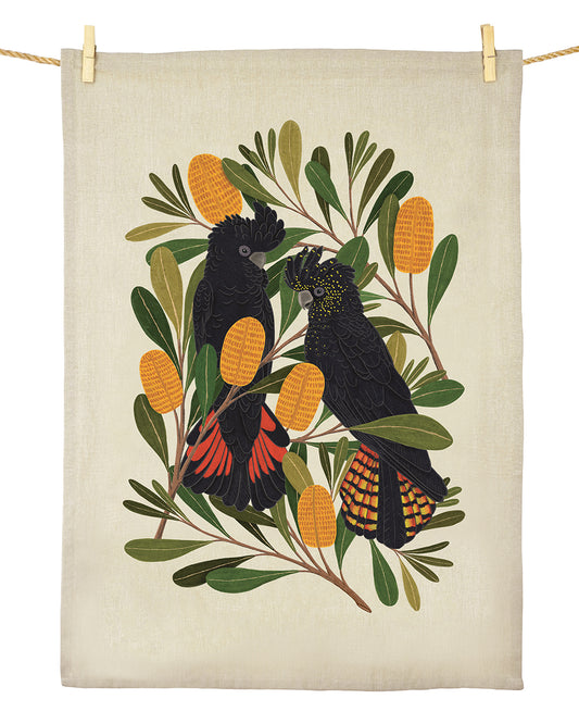 Earth Greetings Cockatoos and Banksia Tea Towel