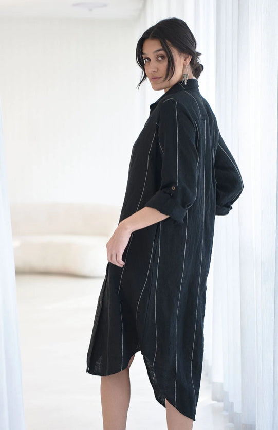 Eadie Carter Linen Shirt Dress - Black with White Stripe