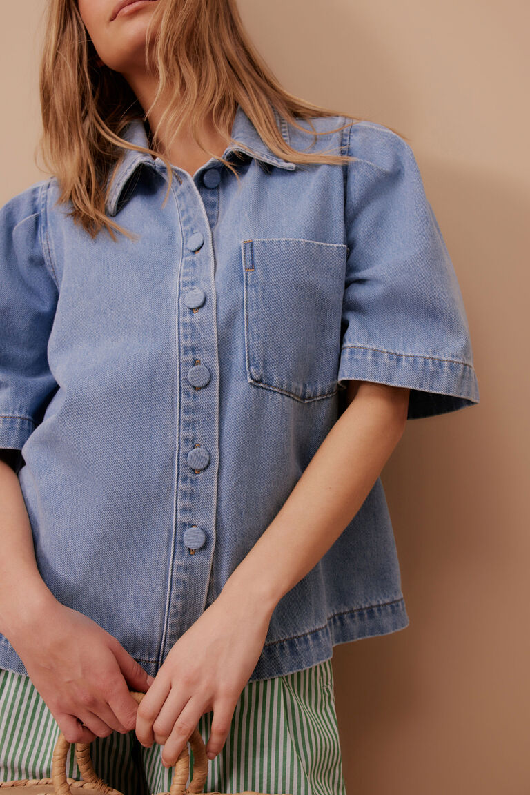 Ceres Life Dylan Pleat Sleeve Denim Shirt - Vintage Blue