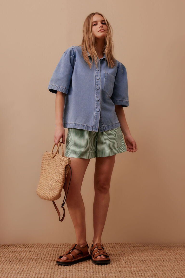 Ceres Life Dylan Pleat Sleeve Denim Shirt - Vintage Blue