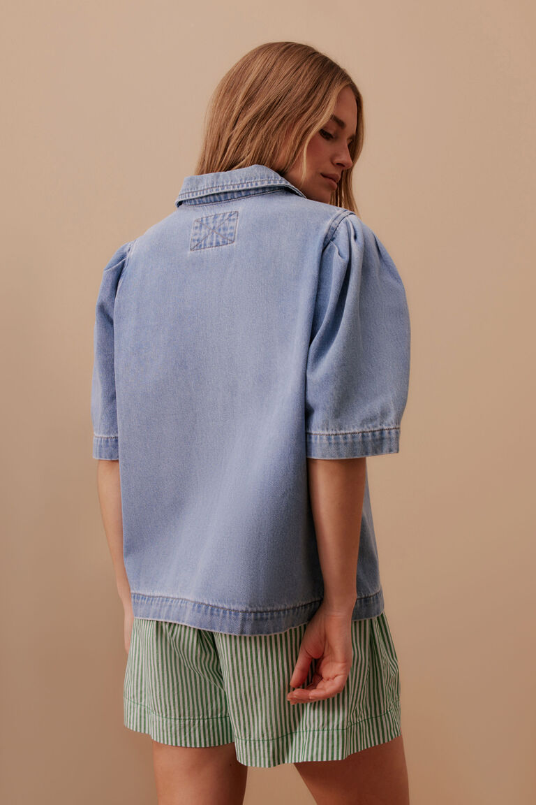 Ceres Life Dylan Pleat Sleeve Denim Shirt - Vintage Blue