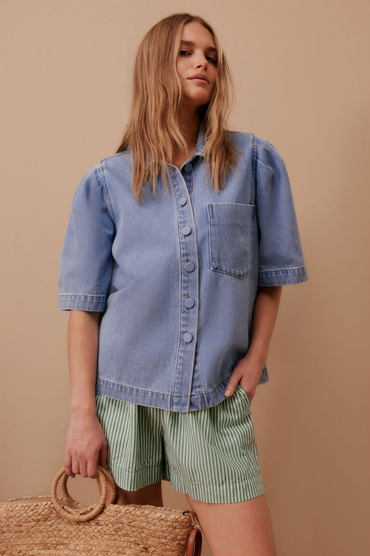 Ceres Life Dylan Pleat Sleeve Denim Shirt - Vintage Blue