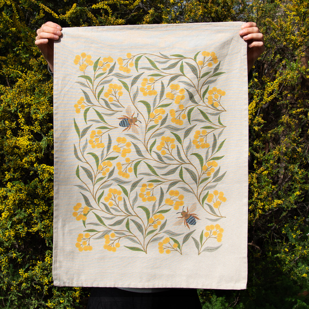 Earth Greetings Wattle and Bee Tea Towel