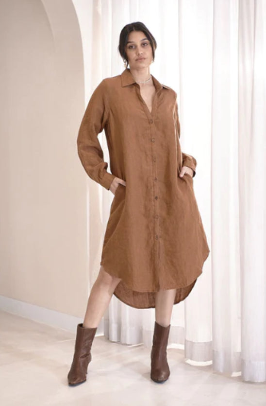 Eadie Linen Shirt Dress - Nutmeg