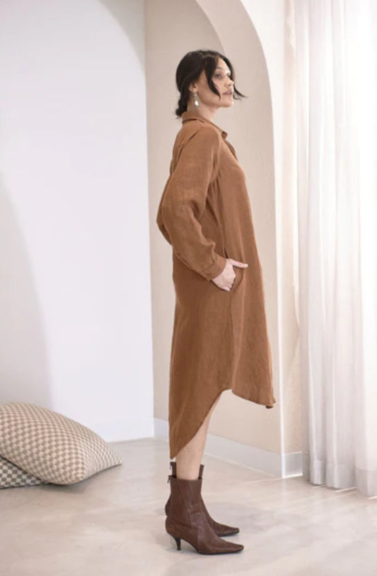 Eadie Linen Shirt Dress - Nutmeg