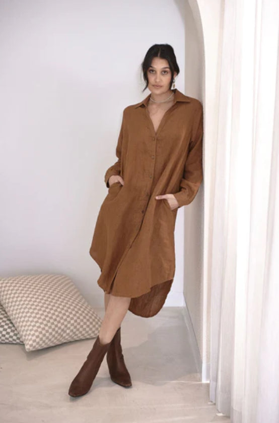 Eadie Linen Shirt Dress - Nutmeg