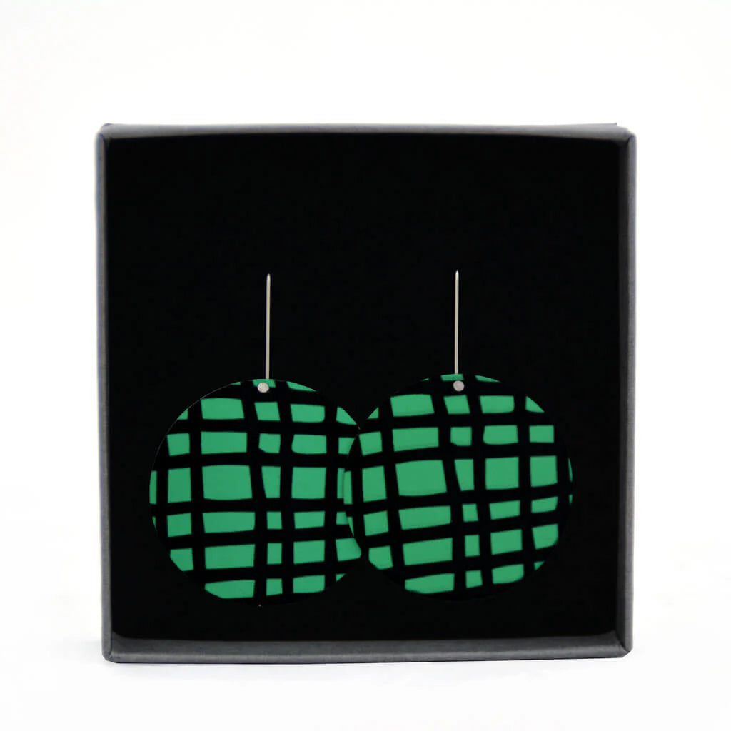 Kitty Came Home - Large Cross Hatch Green Shepherds Hook Earrings