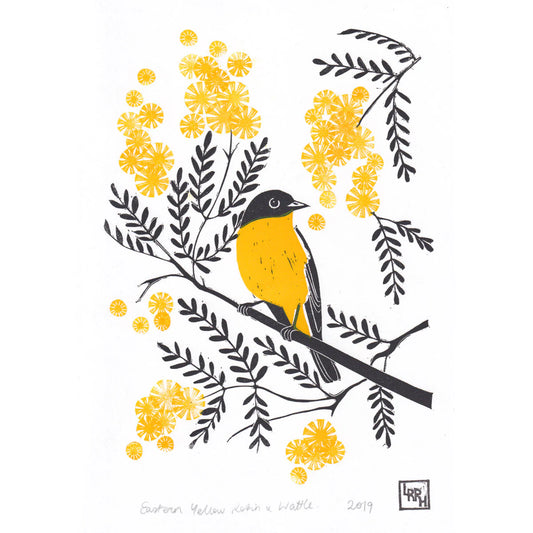 Little Rowan Red Head - Yellow Eastern Robin and Wattle Linoprint