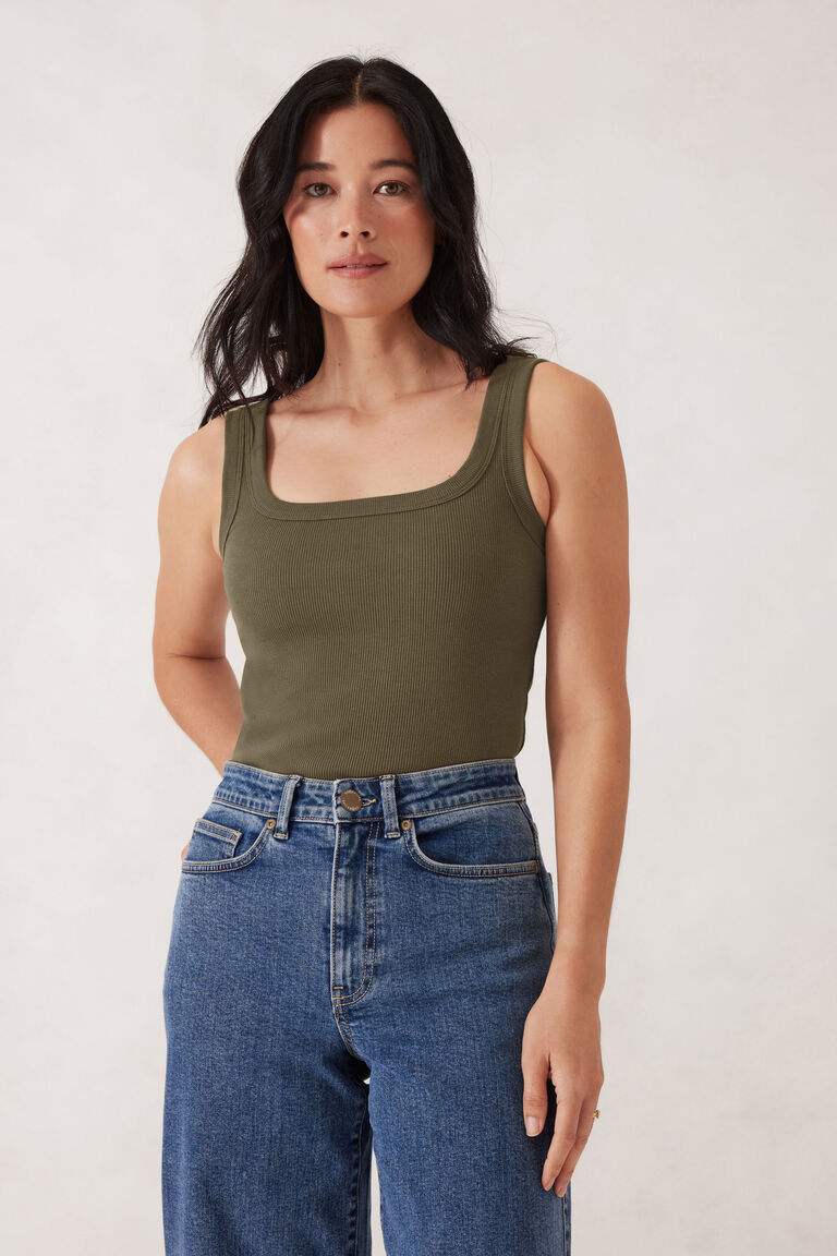 Ceres Life Organic Contour Rib Square Neck Tank - Soft Olive
