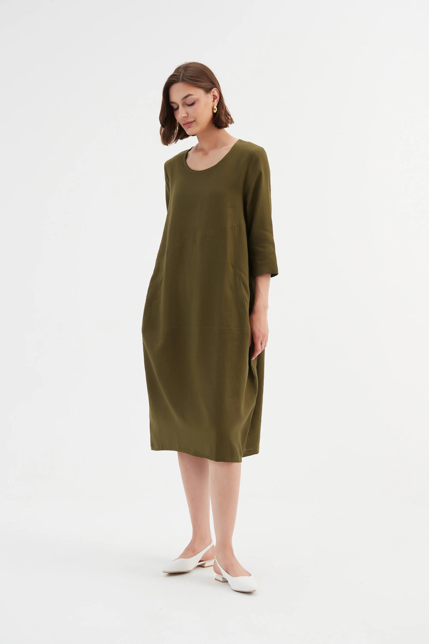 Tirelli 'Diagonal Seam Linen Dress - Dark Moss