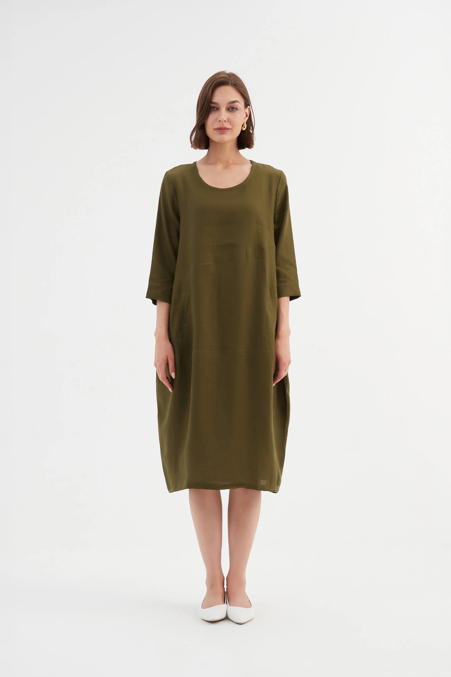 Tirelli 'Diagonal Seam Linen Dress - Dark Moss