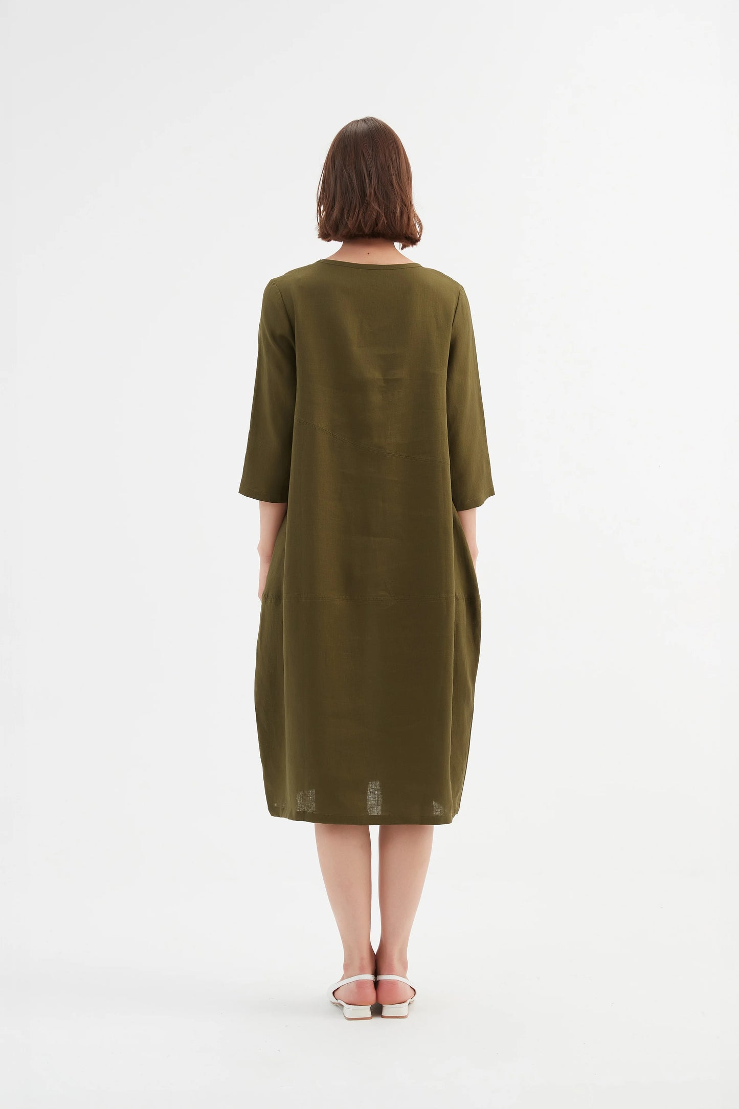 Tirelli 'Diagonal Seam Linen Dress - Dark Moss