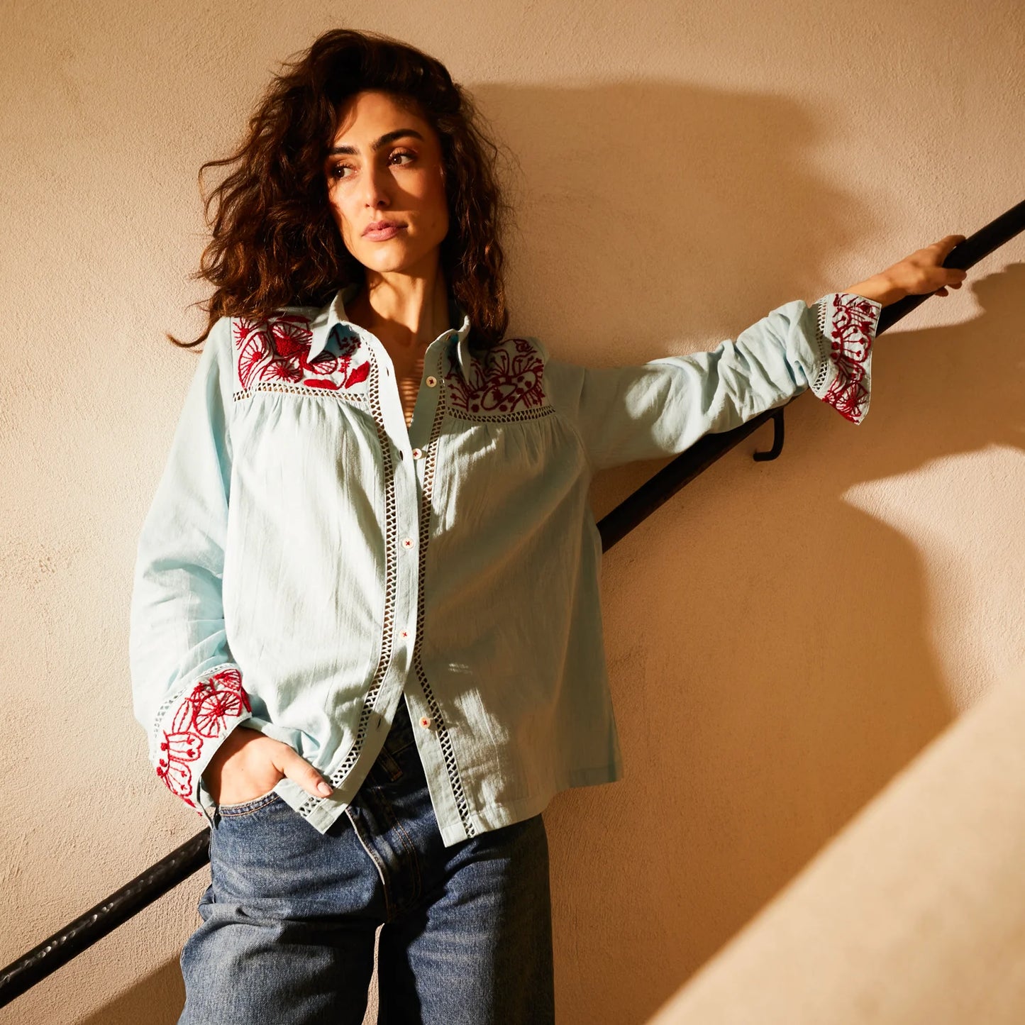 Sage x Clare - Vivianna Embroidered Shirt - Cerulean