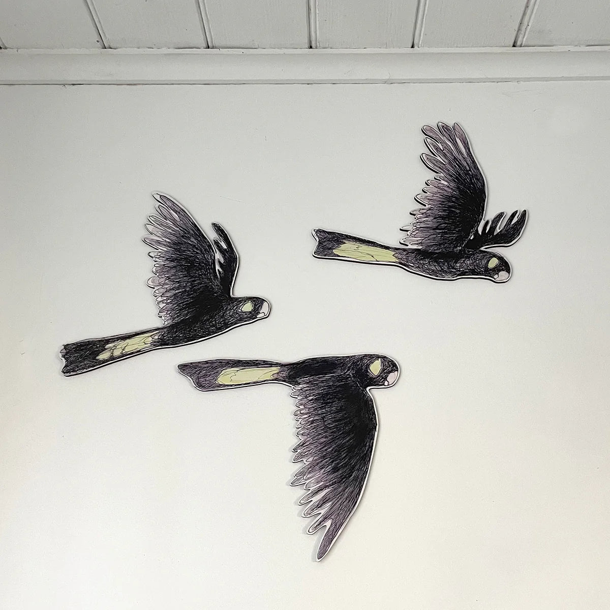 Three black cockatoo wall decorations on a white wall.
