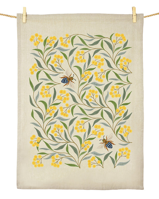 Earth Greetings Wattle and Bee Tea Towel