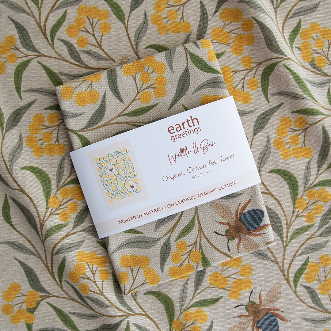 Earth Greetings Wattle and Bee Tea Towel