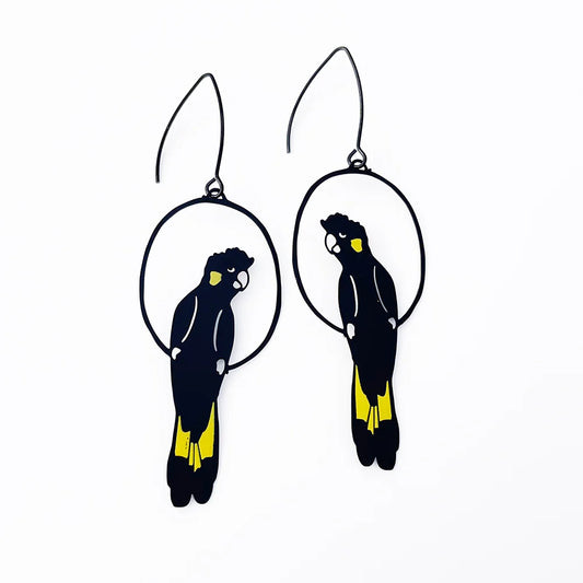 Denz Yellow Tailed Black Cockatoo Earrings