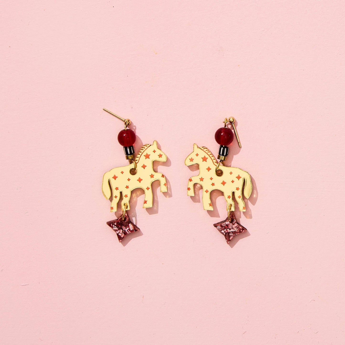 Star Horse Earrings - Gold / Pink