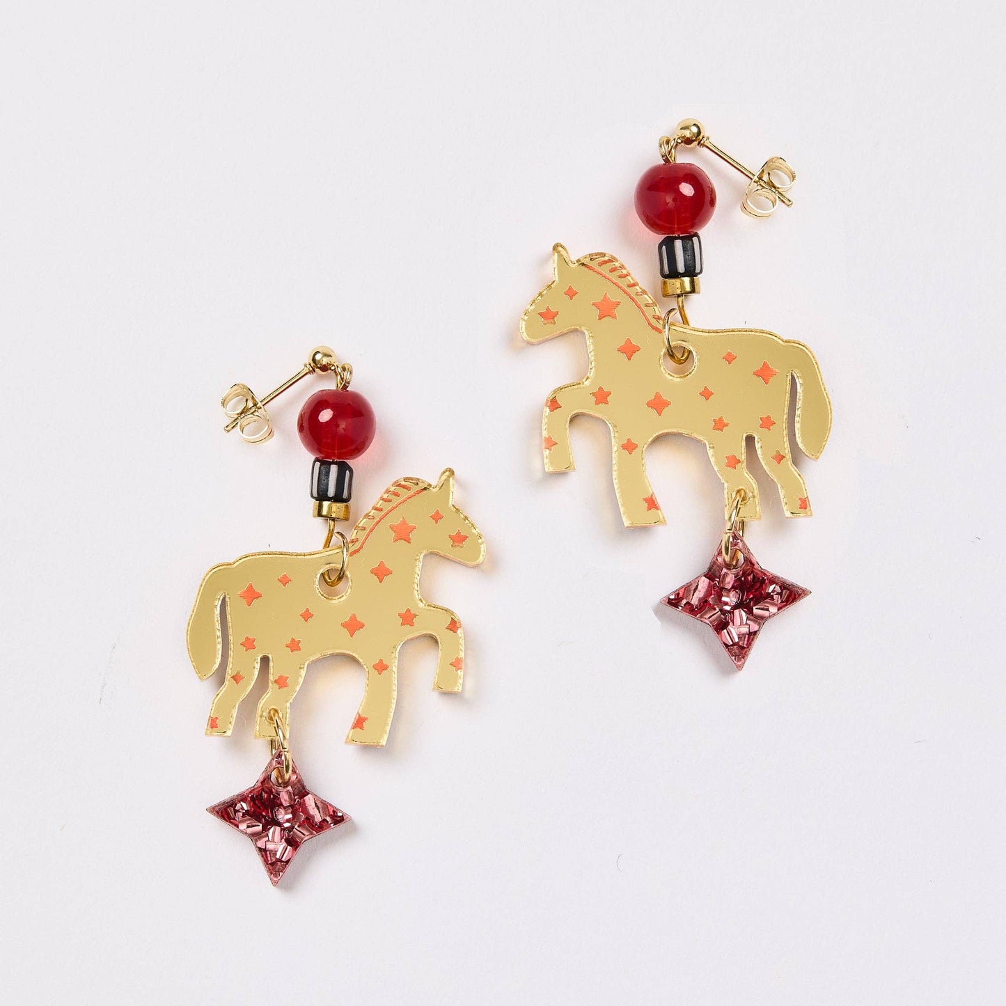 Star Horse Earrings - Gold / Pink