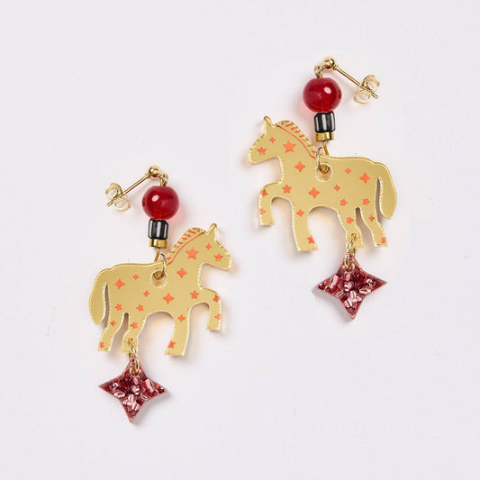 Star Horse Earrings - Gold / Pink