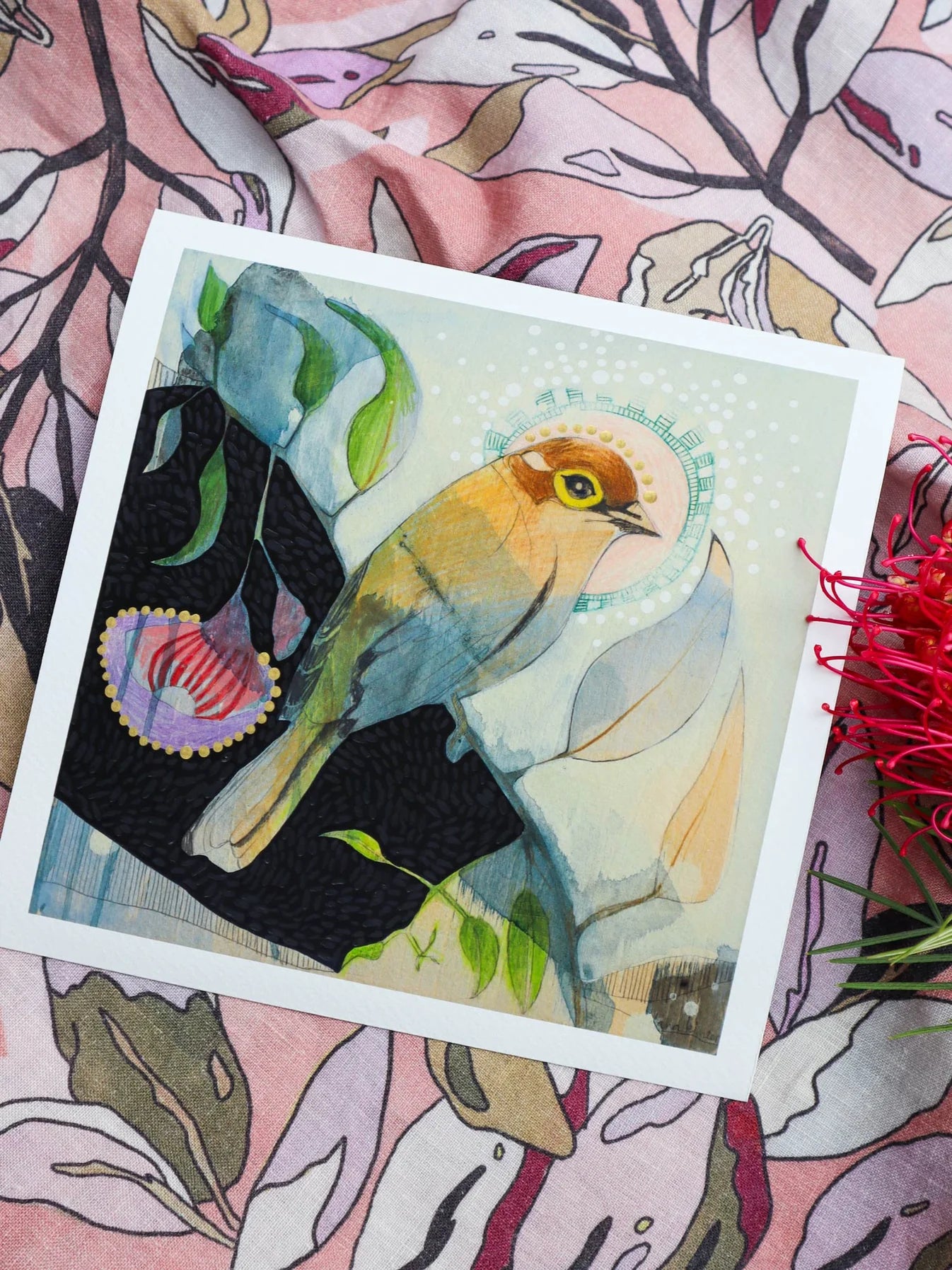 Dana Kinter 'Brown Headed Honeyeater and Silver Princess Eucalyptus' - Mini Print