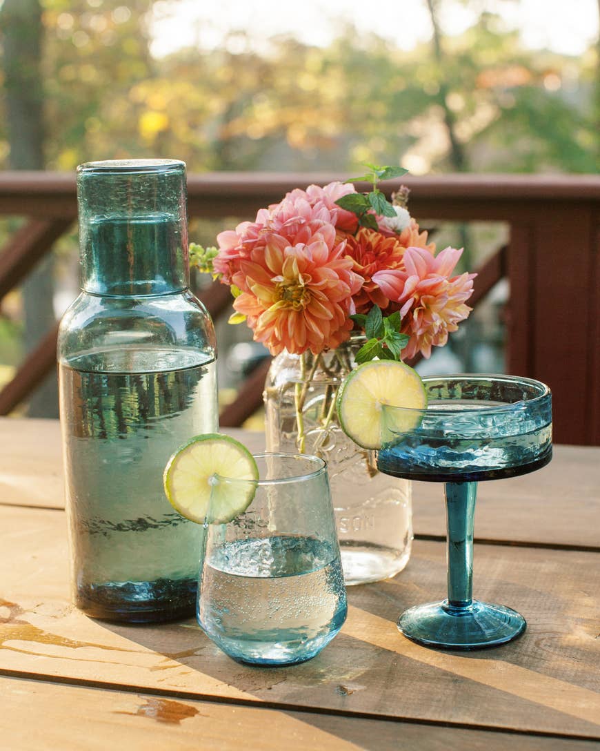 Handblown Hammered Glass Water Tumbler - Blue