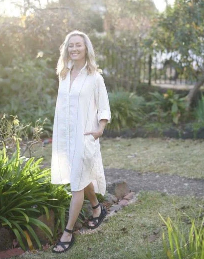 Eadie Carter Linen Shirt Dress - White with Charcoal Stripe