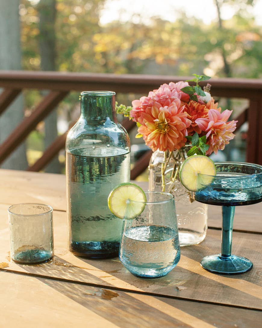 Handblown Hammered Glass Carafe: Blue