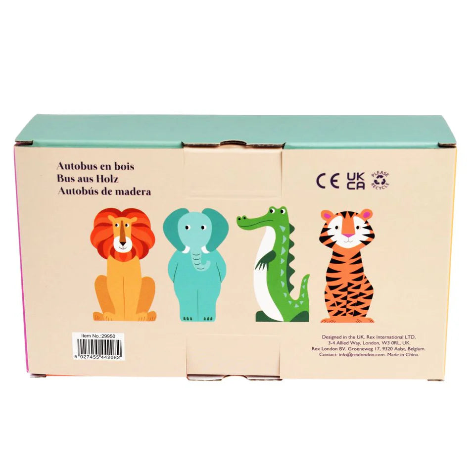 Children's colourful creatures wooden bus