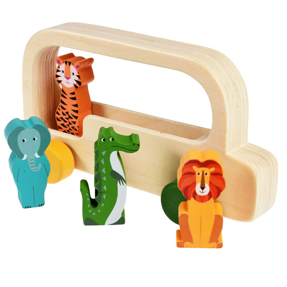 Children's colourful creatures wooden bus