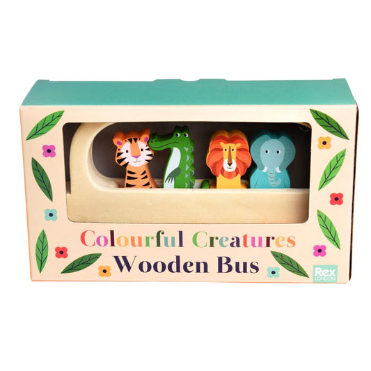 Children's colourful creatures wooden bus