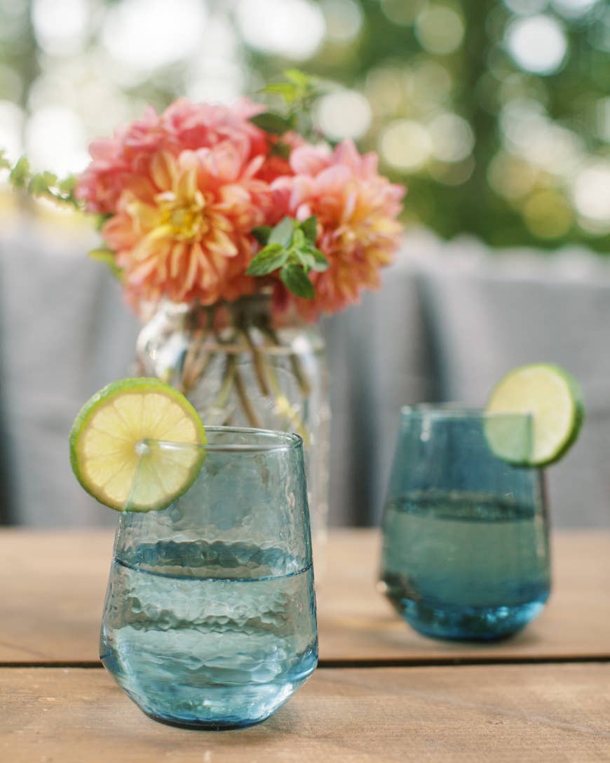 Handblown Hammered Glass Water Tumbler - Blue