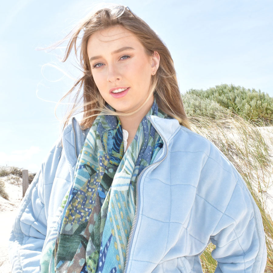Eliza Piro Blue Bouquet 100% Wool Scarf