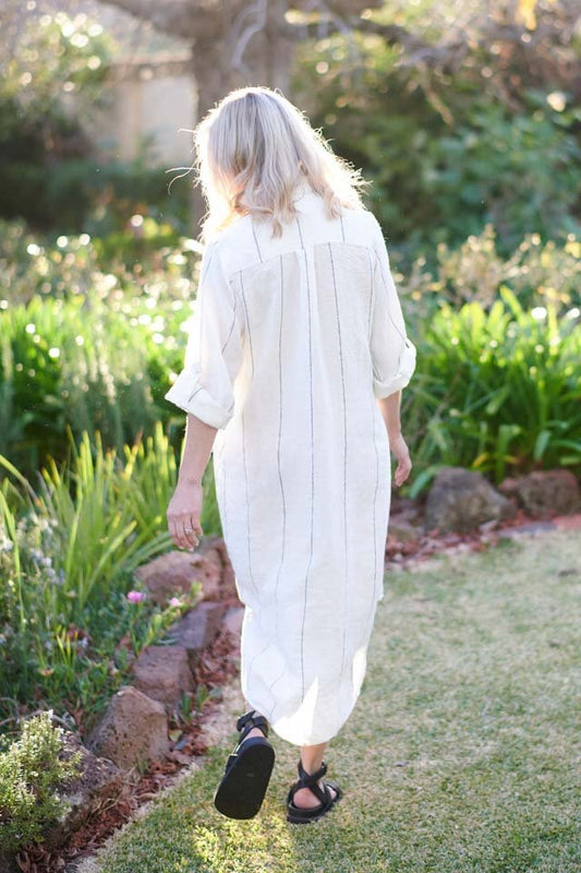 Eadie Carter Linen Shirt Dress - White with Charcoal Stripe