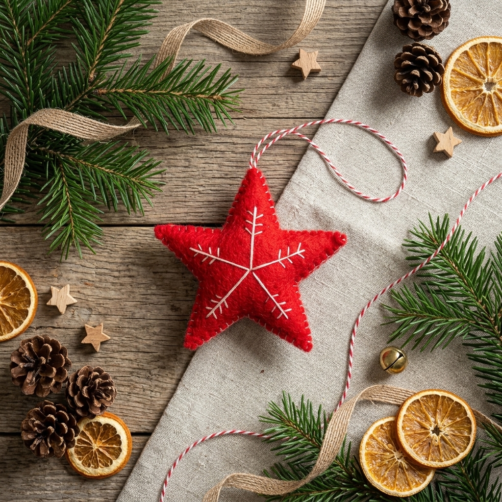 Red Star with White Snowflake Felt Ornament