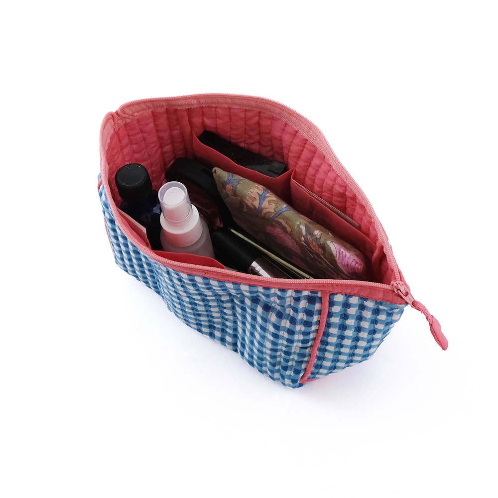 Block-Printed Gingham Pouch - Blue
