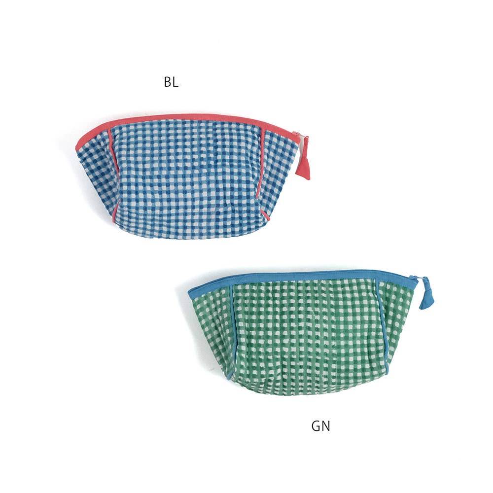 Block-Printed Gingham Pouch - Green