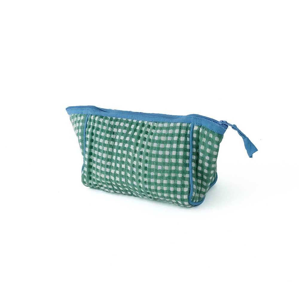 Block-Printed Gingham Pouch - Green