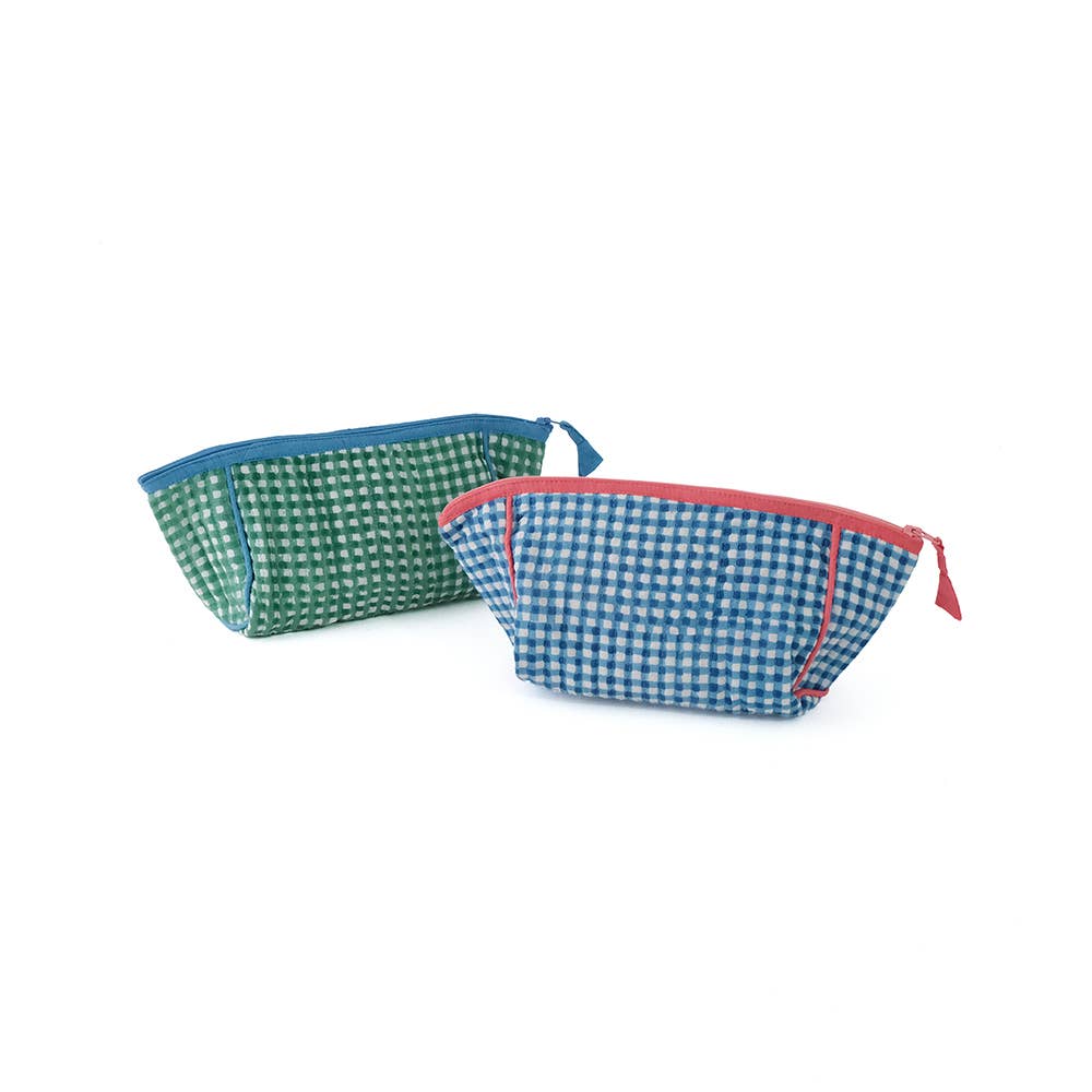 Block-Printed Gingham Pouch - Blue