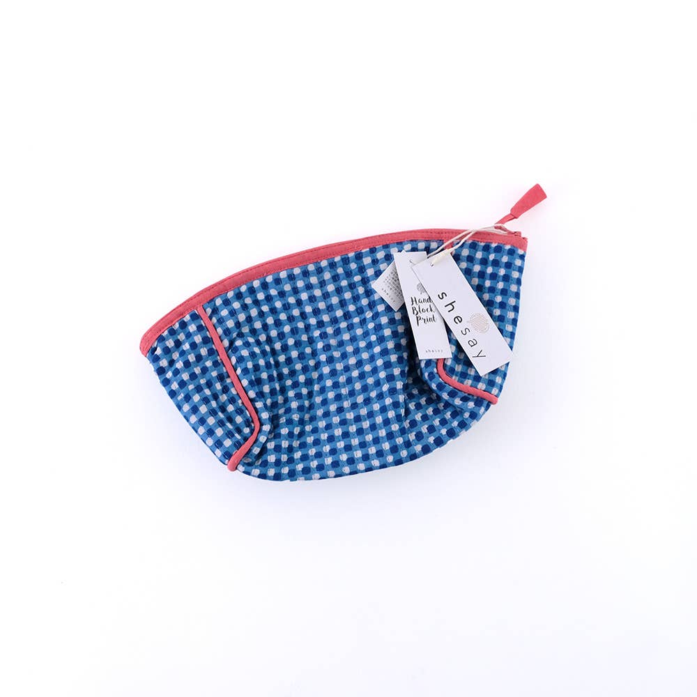 Block-Printed Gingham Pouch - Blue