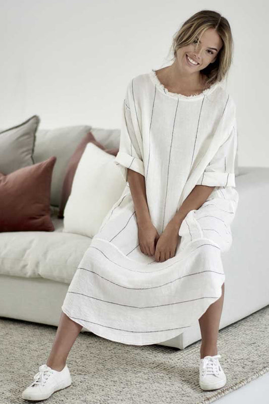 Eadie The Malle Linen Dress - White with Fine Stripe
